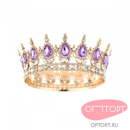 Украшение корона на торт, золото (15 см, Сиреневые камни)